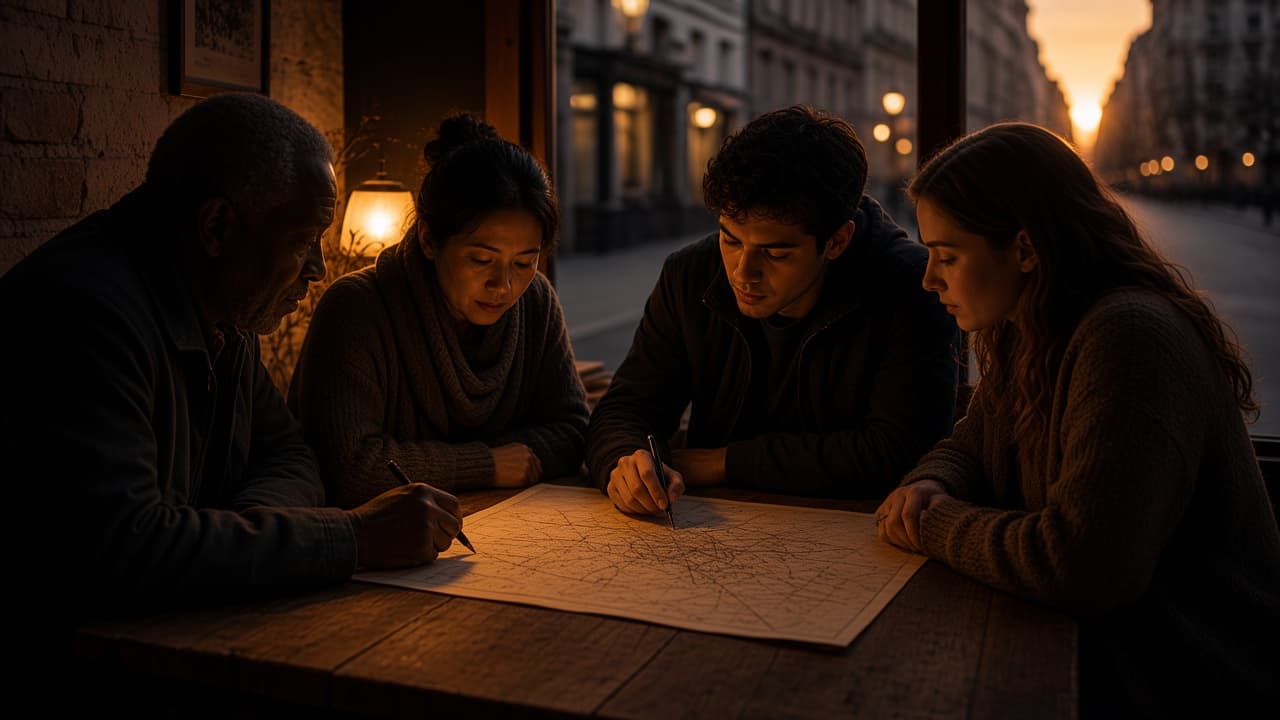 Equipo alrededor de un mapa compartido, misma luz cálida del home