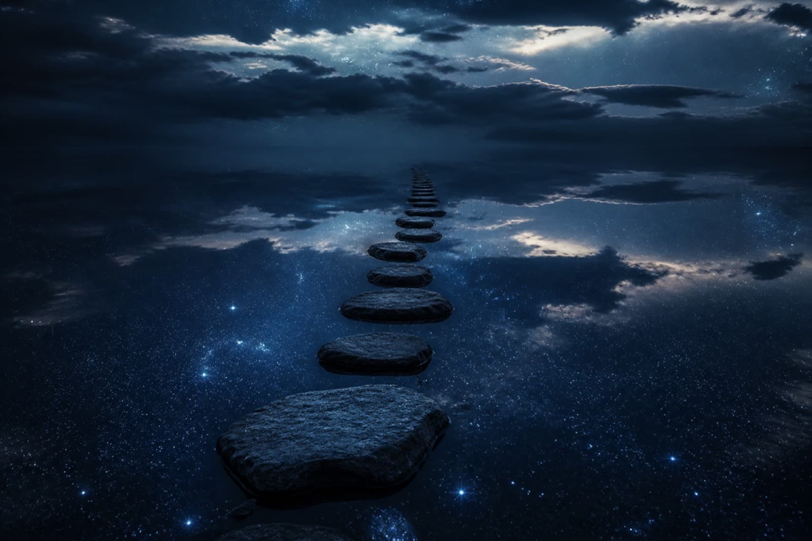 Camino de piedras sobre agua que refleja el cielo: tu código como rumbo